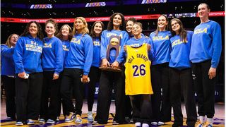  Lakers celebrate UCLA's first NCAA women's basketball national championship taken at Crypto.com Arena (Los Angeles Lakers)